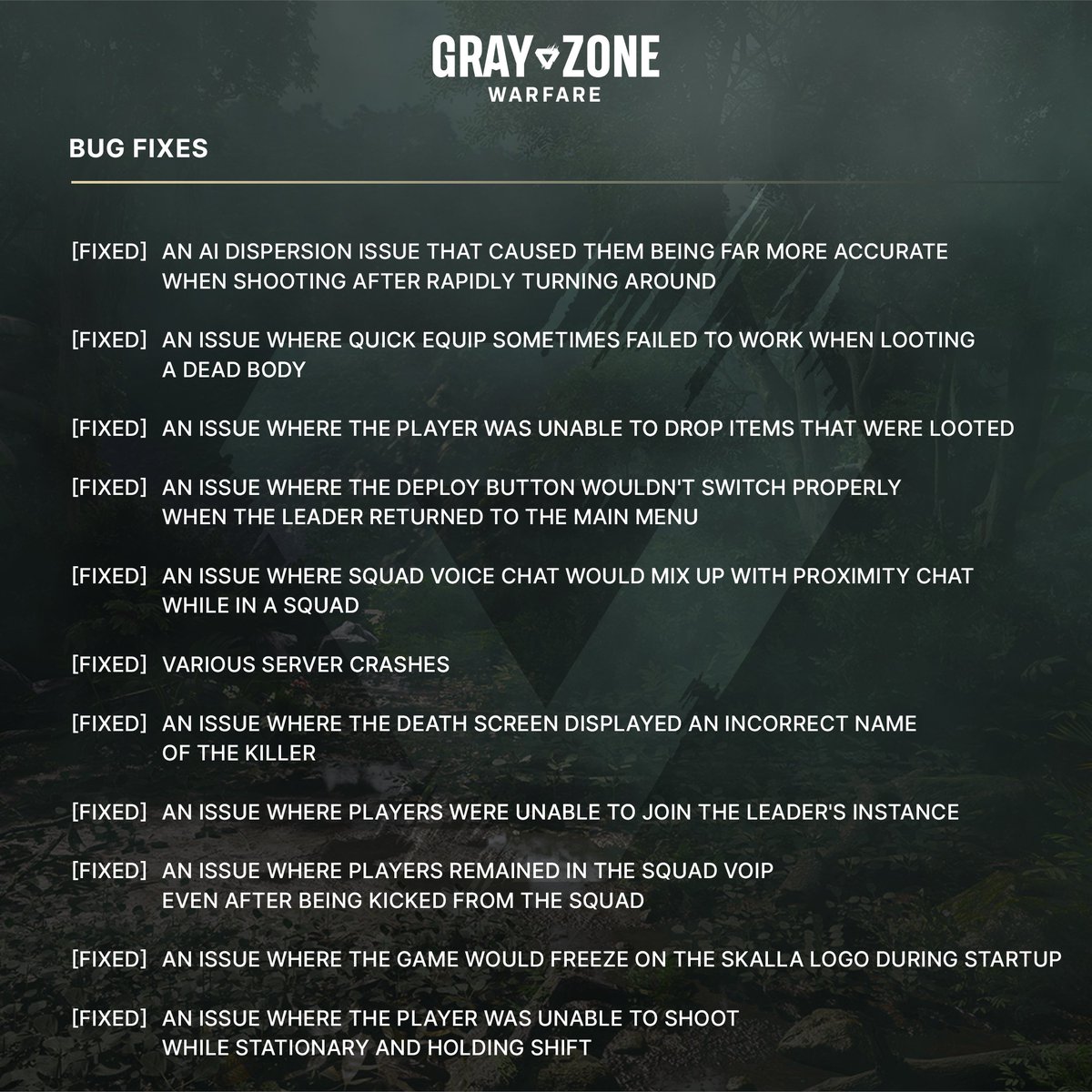 GrayZoneWarfare's tweet photo. #GZW Preview Playtest Hotfix 2 is live.  

Please return to the base, log off, update the game off-stream, ensure all your squadmates have the latest version installed, and test the game before hopping back on stream. 

Happy hunting and enjoy #GrayZoneWarfare. #EveryMoreMatters https://t.co/Obod8smORS