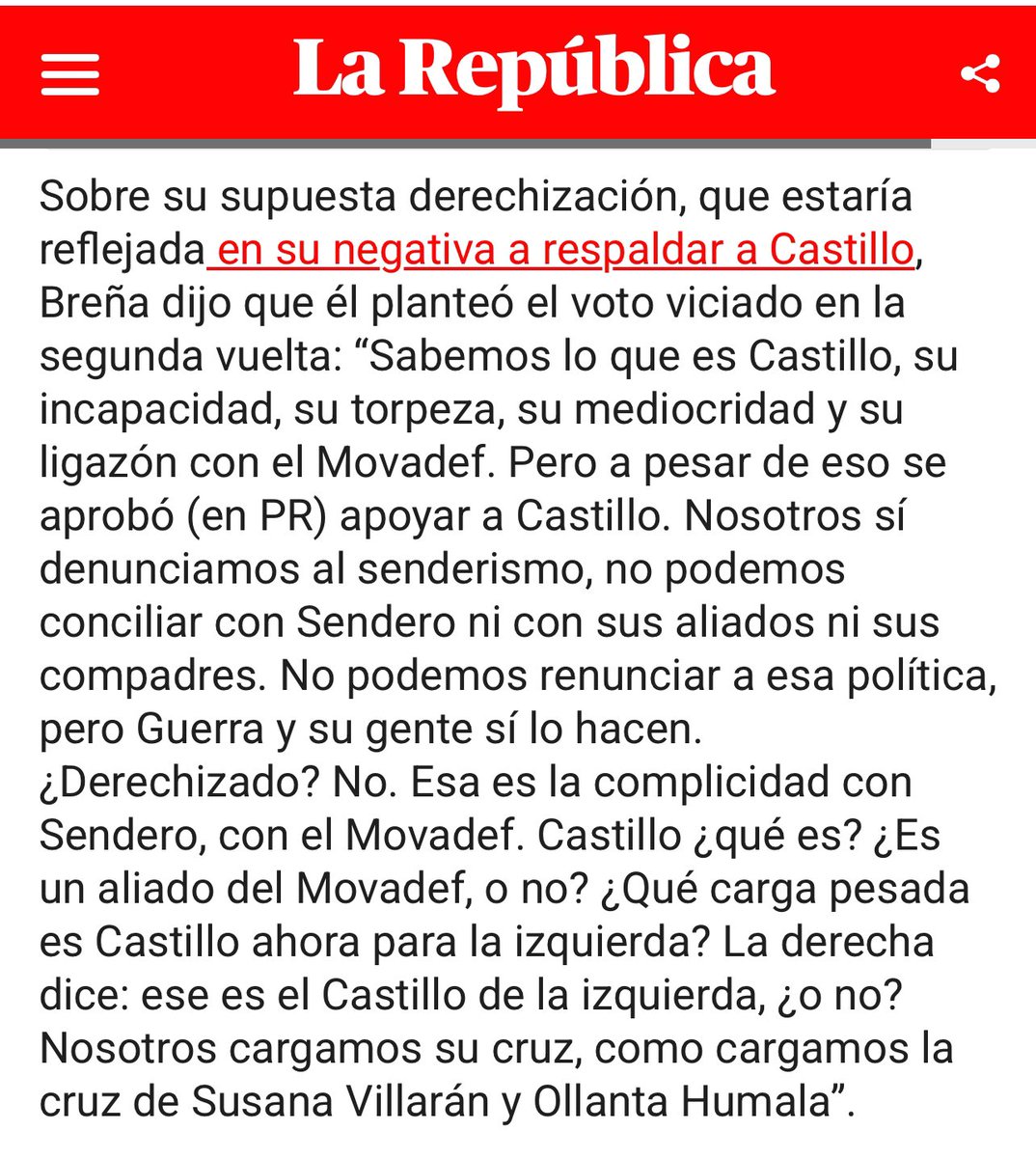 Por lo visto la reciente acusación de senderista de PR a los padres de Cerrón y al toque aprovechada x Expreso es por el lío interno de PR con Breña quien acusa a la actual dirigencia de Patria de conciliar con Castillo. Con esa acusación gratuita la dirigencia PR “se desmarca”.