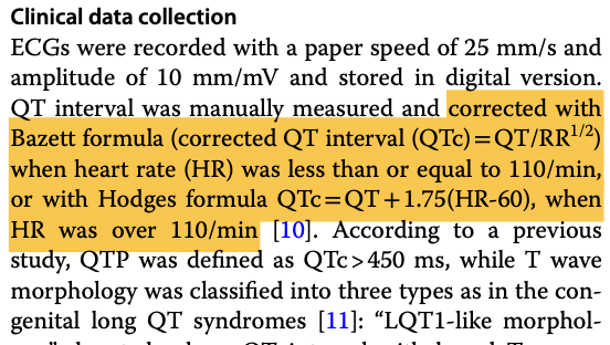 was excited to read this, but they use two different formulae for calculating QTc that generates a huge discontinuity in QTc values depending on heart rate

qt 500, hr 109 --> Bazette QTc  = 674
qt 500, hr 111 --> Hodges QTC = 589

this methodology seems strange?