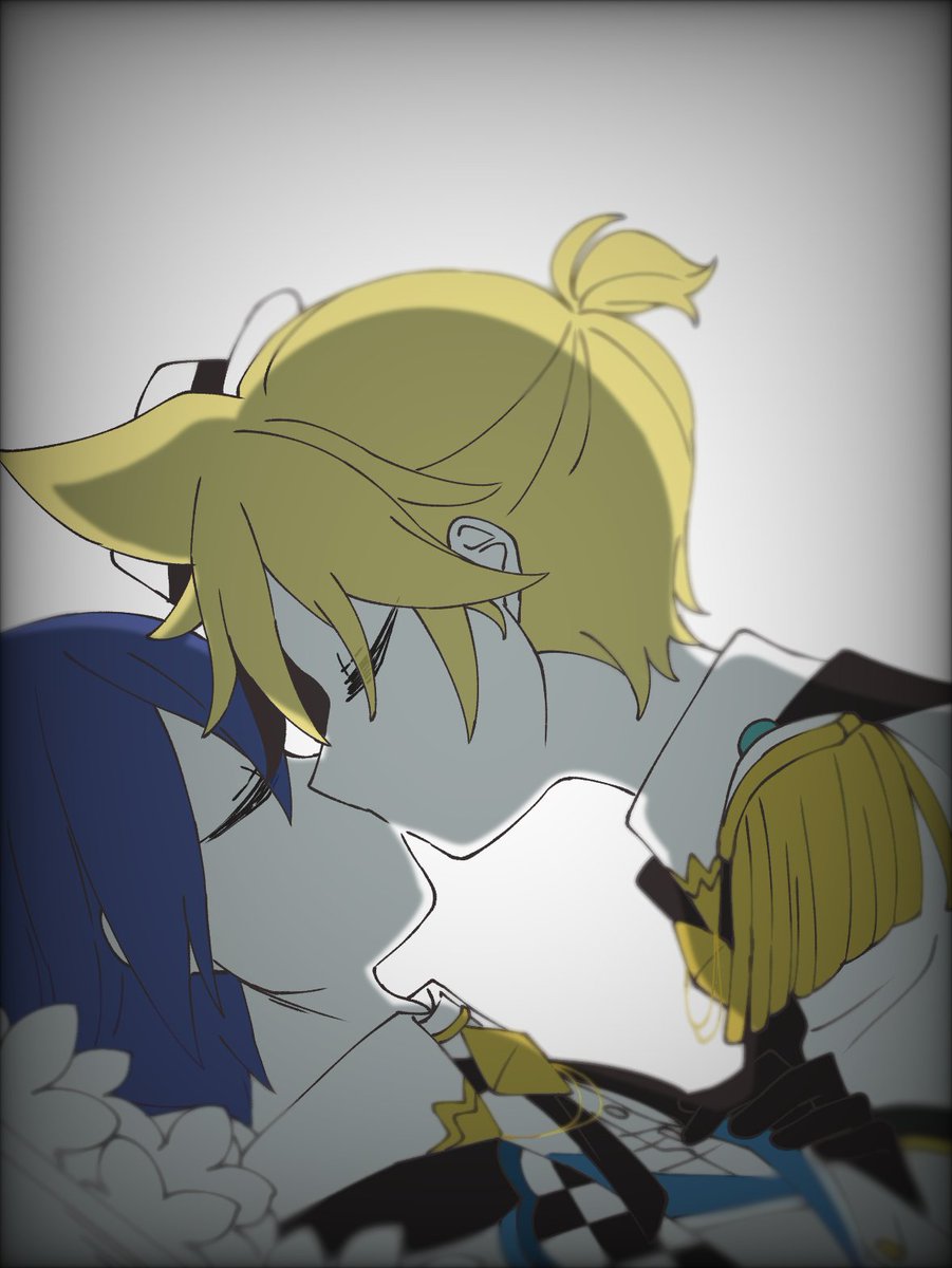 kagamine len ,kaito (vocaloid) 1girl short hair blonde hair 1boy blue hair upper body closed eyes  illustration images