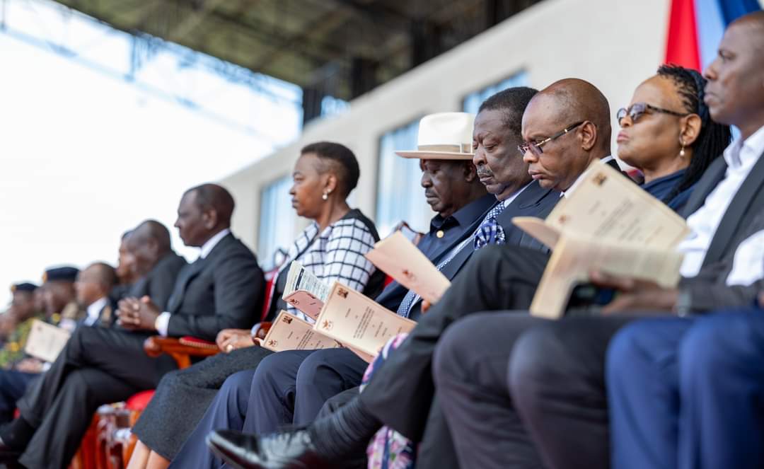 President Ruto, Raila Odinga and other dignitaries at Ulinzi Sports Complex for Chief of Defence Forces Francis Ogolla memorial service #RIPGENERALOGOLLA