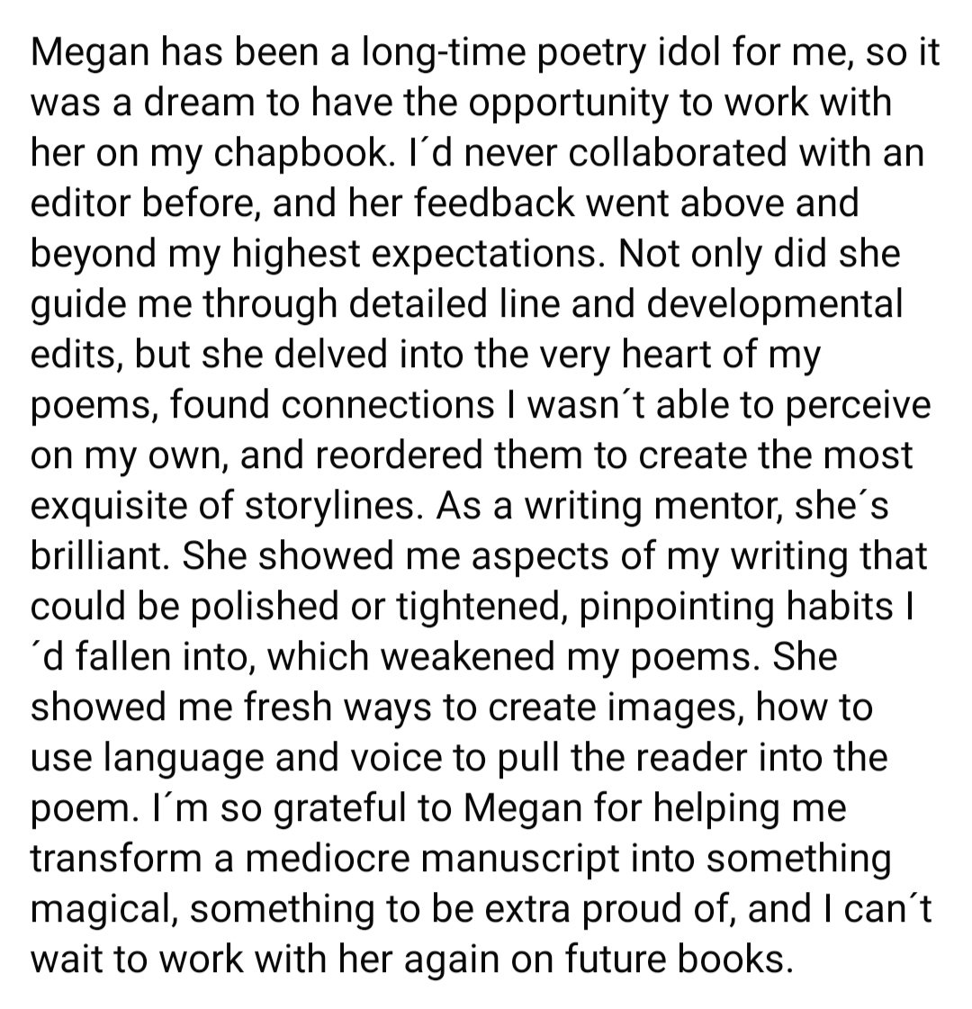 Recently, I had an amazing experience working on my new chapbook manuscript with Megan Merchant, through her editing service, Shiversong. Thanks a million, Megan! ❤️❤️ My review: