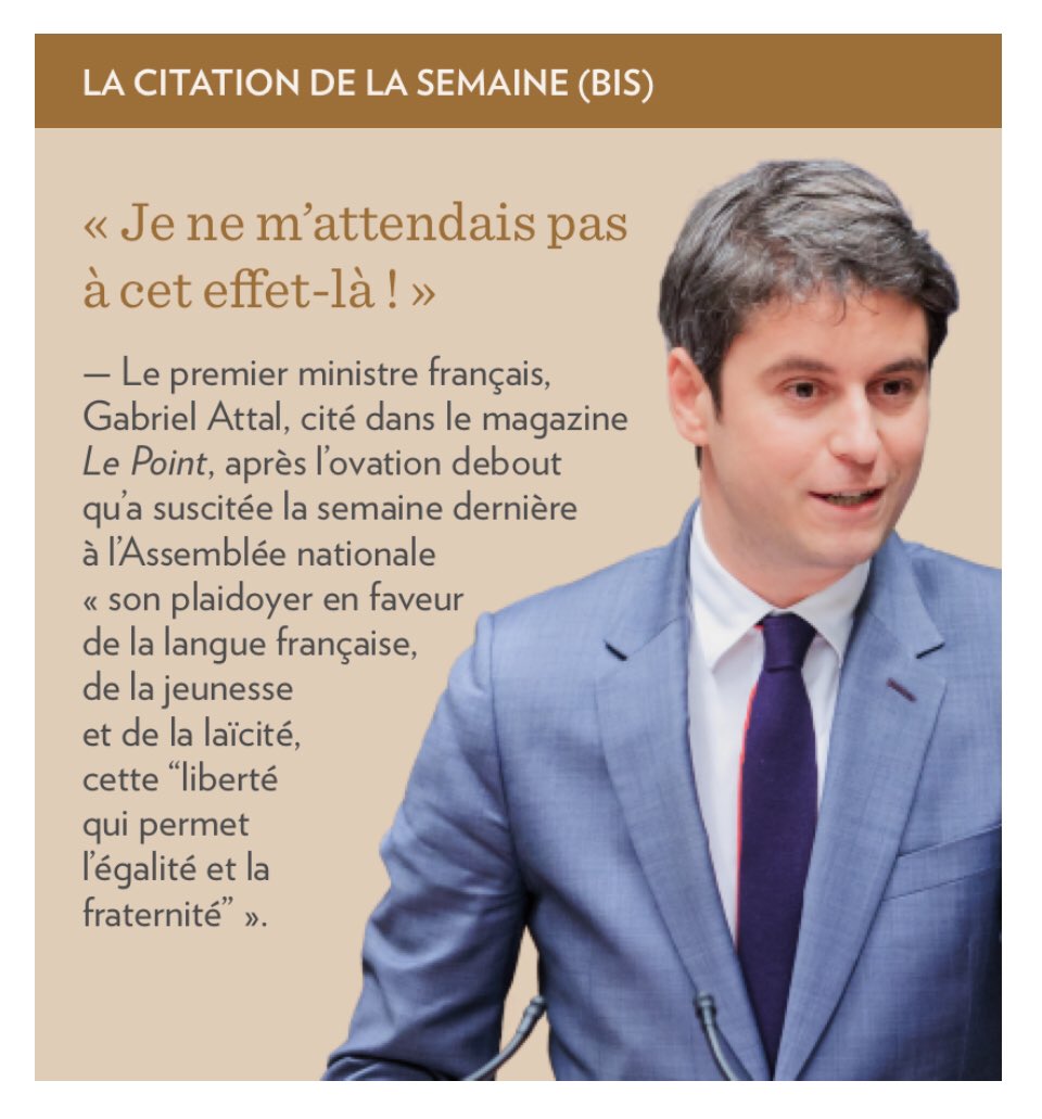 Le premier ministre français, @GabrielAttal a fait une heureuse découverte: les Québécois aiment la langue française et la #laïcité de l’État! #CAQ #AssNat #polQC ⚜️🤝🇫🇷 Source: La Presse+ bit.ly/3W6SGpS