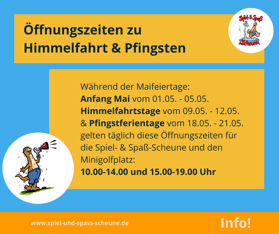 Moin. Während der Maifeiertage, Himmelfahrt und Pfingsten passen wir in der Spiel- &amp; Spaß-Scheune unsere Öffnungszeiten an.
Wir wünschen dir schöne Tage bei uns im Nordseebad Otterndorf!
Online-Tickets 👇
kurzelinks.de/spiel-und-spas…