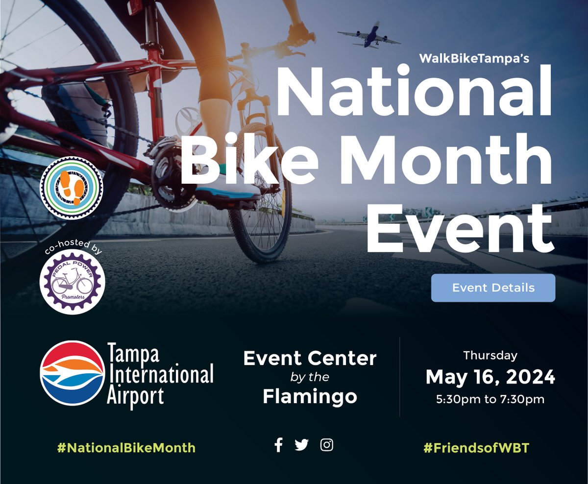 Celebrate with us! WBT and @PedalPowerTPA will host #NationalBikeMonth on May 16th at @FlyTPA with keynote Caron Whitaker, Dep Executive Director of @BikeLeague Register NOW… eventbrite.com/e/bike-month-c… #NationalBikeMonth #MakeEveryRideCount #BikeFriendlyBusiness #FriendsofWBT