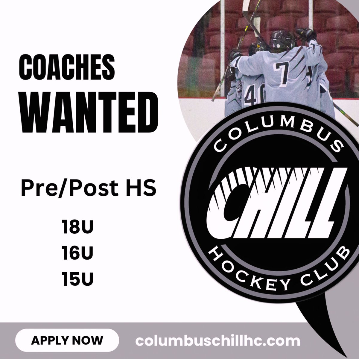The Columbus Chill Hockey Club is looking for passionate coaches with experience developing players in the 15U - 18U age group. If you are interested in coaching pre/post hockey, visit our website at columbuschillhc.com to register. 

Application deadline is May 3.