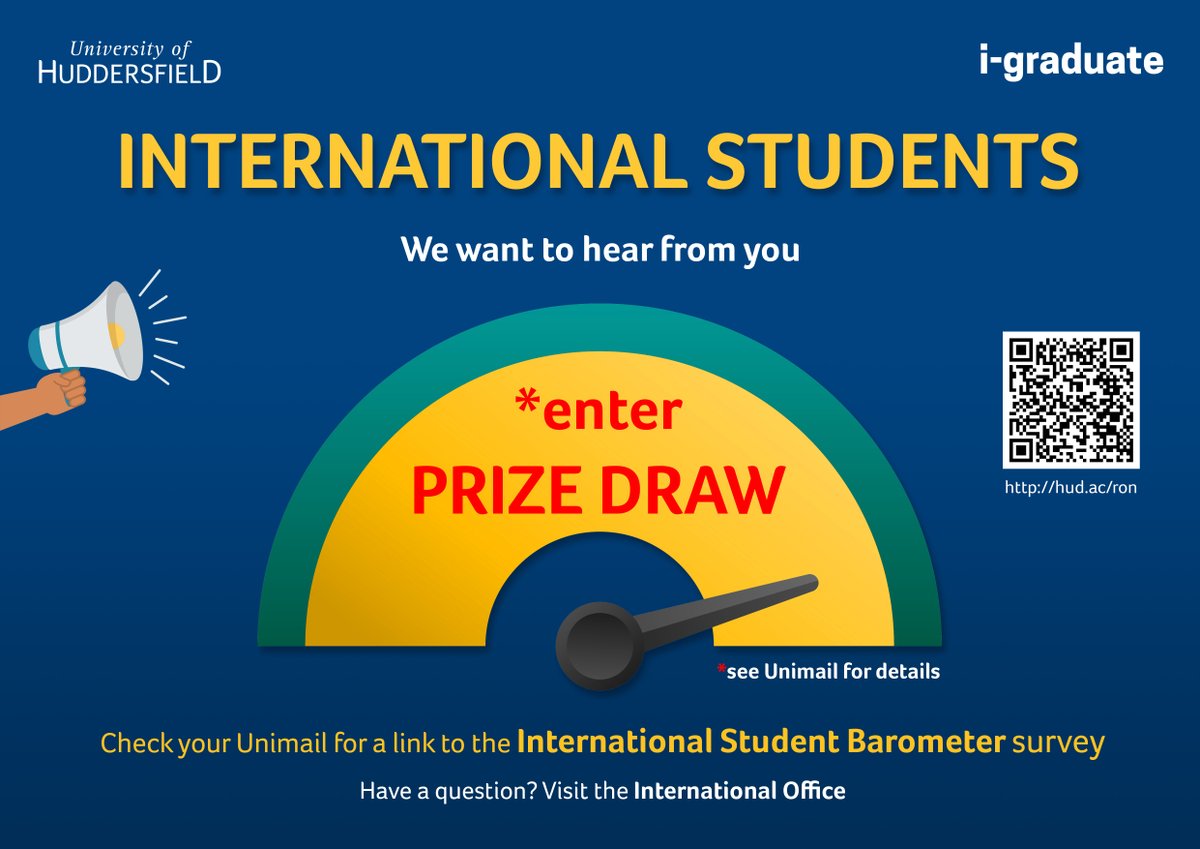 👋 Are you an international student? You are invited to participate in the International Student Barometer, our global student survey! 🌎 When you complete the survey, you will be entered into a free prize draw for a chance to win Amazon vouchers and University hoodies!
