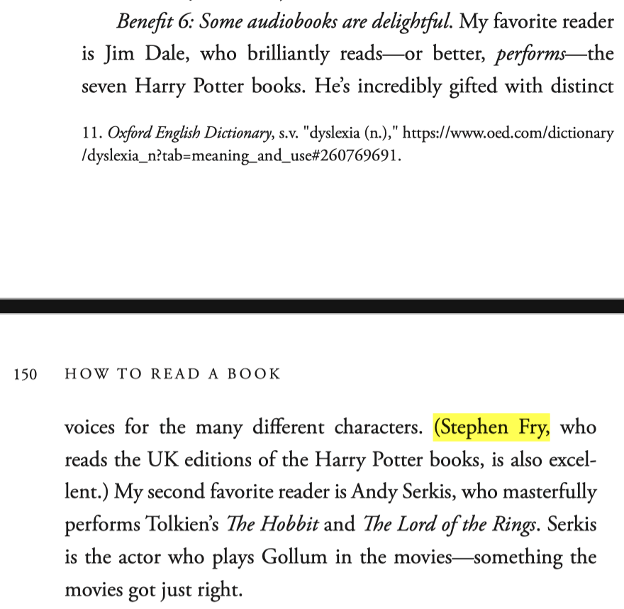 Formerly, you couldn’t get Stephen Fry’s reading of Harry Potter in the USA (nor Jim Dale’s in the UK). I listened to Fry in 2018 when I lived in Cambridge (thanks, @DrPJWilliams!). Now Fry’s reading is available in America: audible.com/pd/Harry-Potte… (screenshot from my new book)