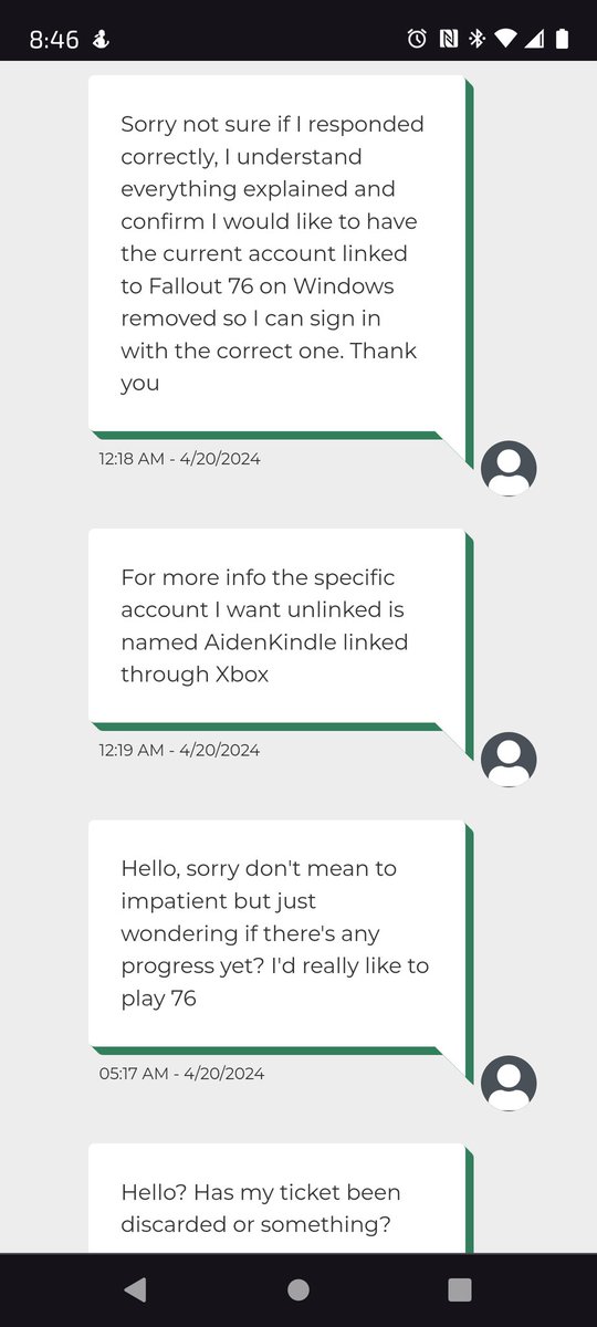 Hey <a href="/BethesdaSupport/">Bethesda Support</a> can I get some help here? I've started 2 tickets over the last 12 hours regarding unlinking an unwanted account so I can play 76. Both times I was answered and confirmed, both times I've been ignored since? No update, no unlink, why? Thank you.
