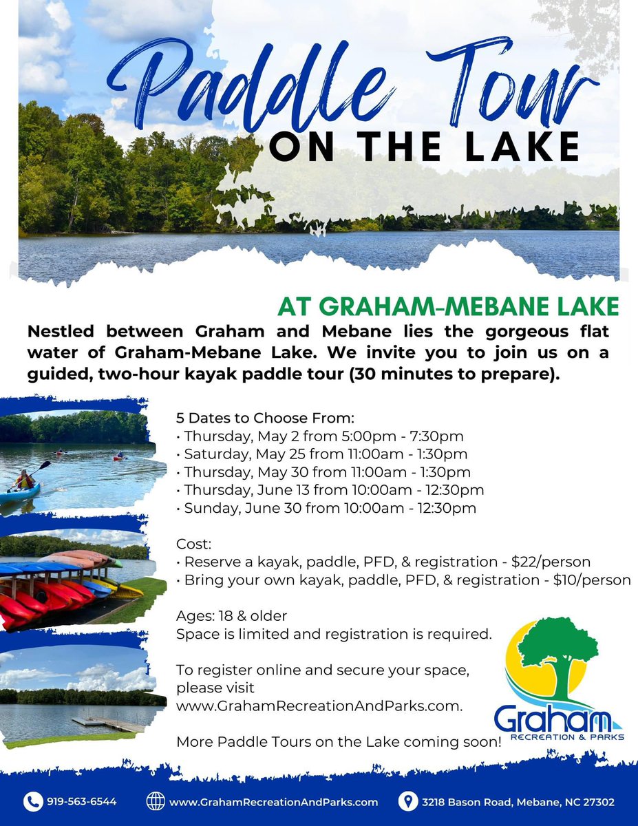 For more information, please call Graham-Mebane Lake at (919) 563-6544. To register online and secure your space, please visit cityofgraham.com/grpd-lake-prog….