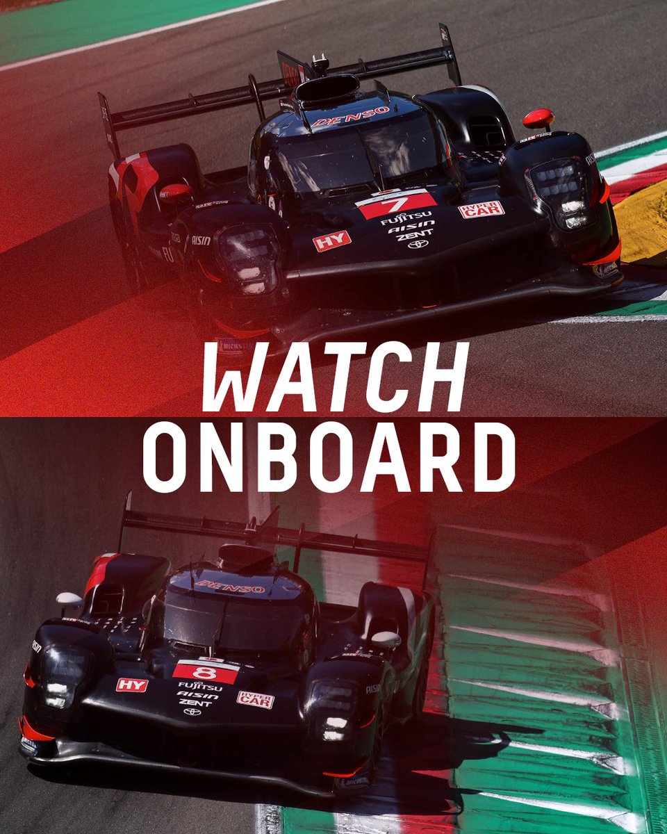 ⏰ It’s nearly that time! Hop aboard for #6HImola qualifying 👇

#️⃣7️⃣ youtube.com/live/gHmA4O_zW…

#️⃣8️⃣ youtube.com/live/j2EkWd5hc…

#ToyotaGAZOORacing #WEC #GoHyper #GR010HYBRID #PushingTheLimitsForBetter @autodromoimola