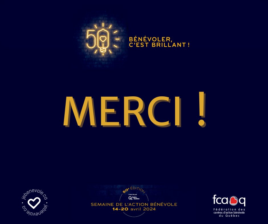 Pour conclure cette brillante édition de la #SAB2024, nous remercions chaleureusement tous ceux et celles qui donnent de leur temps bénévolement et qui contribuent à faire de l’action bénévole un mouvement qui rayonne de part et d’autre de la province!  #Jebenevole