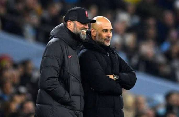 Pep Guardiola: 'Admiro o Liverpool. Aconteça o que acontecer nesta temporada, admiro o Liverpool'. “Quando eu disse que Jurgen Klopp e Liverpool sempre foram, é isso, é o time que nos enfrentou, o verdadeiro, verdadeiro candidato que nos enfrentou cara a cara”