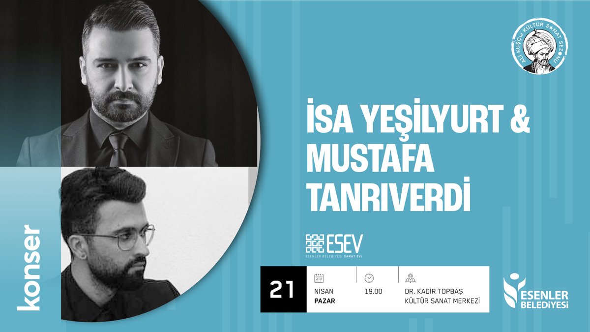 Esenler Belediyesi Sanat Evi, gururla sunar! 👇 Şan eğitmenimiz İsa Yeşilyurt ve bağlama eğitmenimiz Mustafa Tanrıverdi ile öğrencilerinin hazırlamış oldukları konserimize tüm sanatseverleri bekleriz. Konserimiz, yarın saat 19.00'da Dr. Kadir Topbaş Kültür Sanat Merkezi'nde.