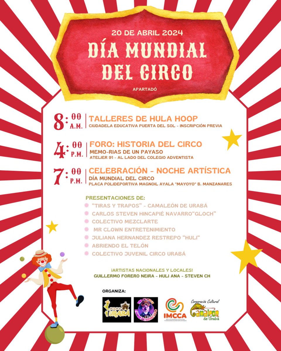 CamaleonUraba's tweet photo. ¡Celebremos juntos el Día Mundial del Circo! 🎪 Hoy nos sumergimos en el maravilloso mundo del circo con presentaciones únicas de talentosos grupos locales y nacionales.  ¡No te lo pierdas! 🤹‍♂️🎩 https://t.co/Xp1rbfZolB