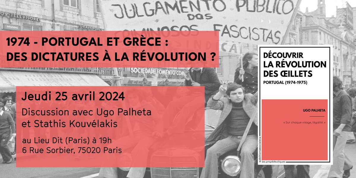 Jeudi 25 avril, jour anniversaire des 50 ans de la Révolution des oeillets qui mit fin au Portugal à une dictature fasciste vieille de 48 ans, on discutera au <a href="/lelieudit/">Le Lieu-Dit</a> avec Ugo Palheta et Stathis Kouvélakis (tous les 2 membres de Contretemps). Rdv à 19h ✊🇵🇹🇬🇷 🚩