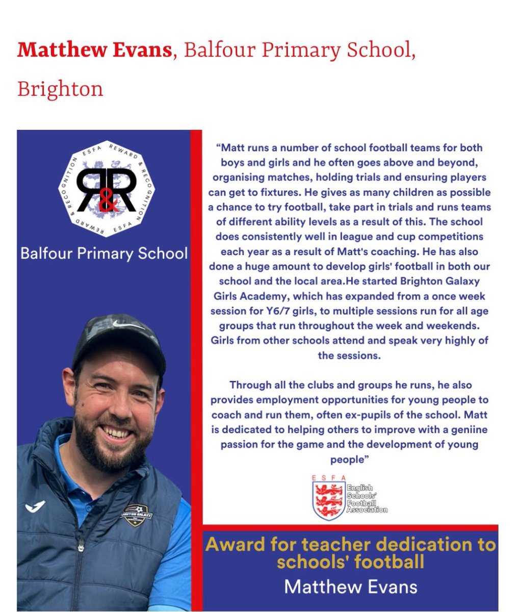 Matt has been nominated for a National Award - and needs your help! 🗳️🥇 We are thrilled that our founder Matt Evans has been shortlisted for the @schoolsfootball Rewards & Recognition Awards 2024!! Please take a moment to vote for Matt below ⬇️⬇️⬇️ schoolsfootball.org/2024/04/19/esf…