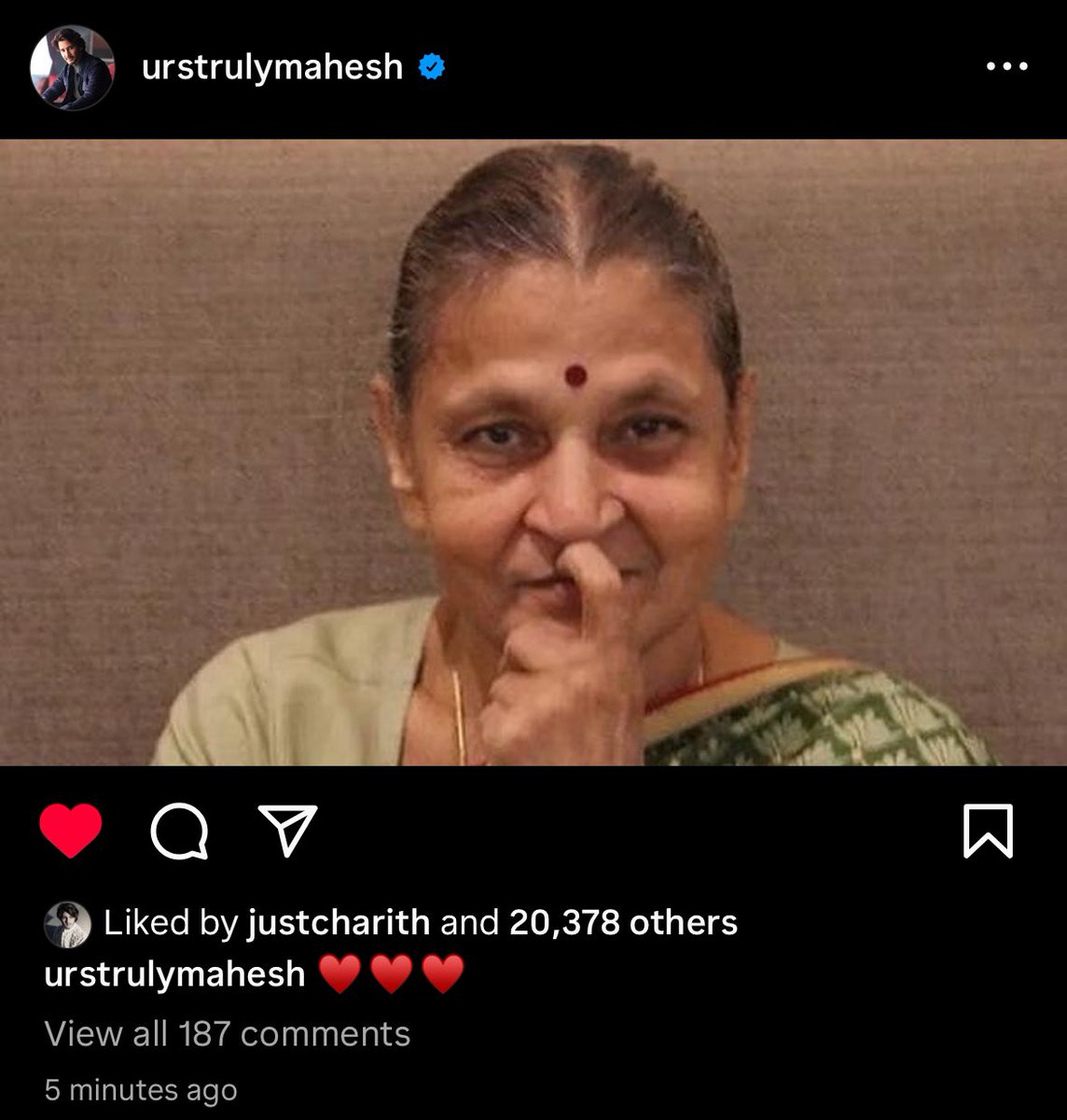 #Maheshbabu’s post on #IndiraDevi garu’s birth anniversary!❤️❤️