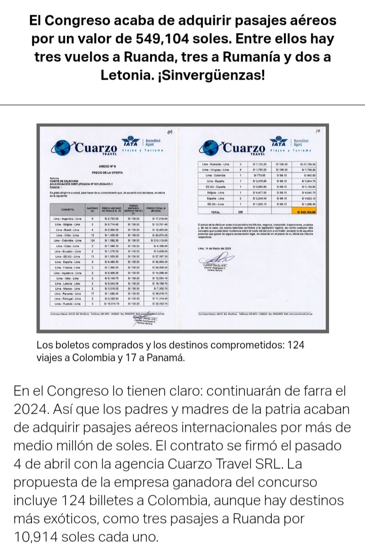 ensustrece's tweet photo. En #Hildebrandt @ensustrece: ALAS PERUANAS por Rebeca Diz. El Congreso acaba de adquirir pasajes aéreos por un valor de 549,104 soles. Entre ellos hay tres vuelos a Ruanda, tres a Rumanía y dos a Letonia. ¡Sinvergüenzas! El reportaje en https://t.co/ofhuiX1sZu. https://t.co/9cjARcpffw