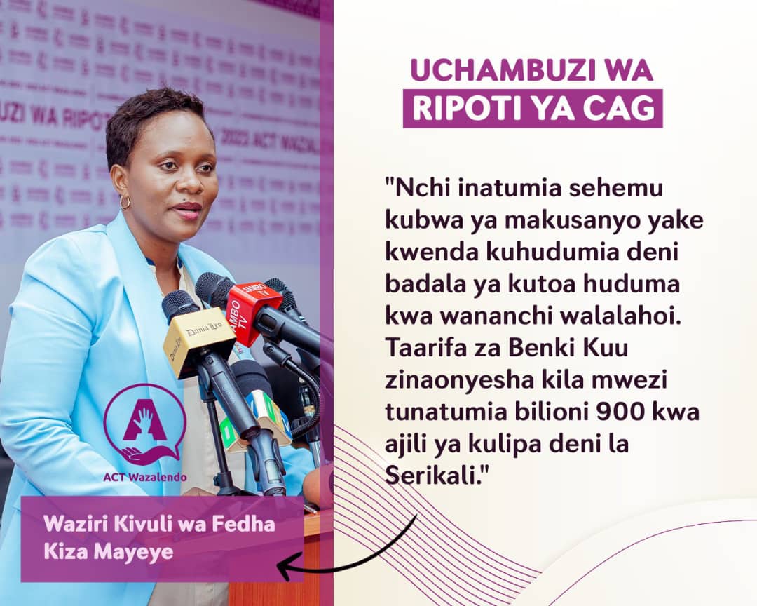 'Nchi inatumia sehemu kubwa ya makusanyo yake kwenda kuhudumia deni badala ya kutoa huduma kwa wananchi walalahoi. Taarifa za Benki Kuu zinaonyesha kila mwezi tunatumia bilioni 900 kwa ajili ya kulipa deni la Serikali.' Waziri Kivuli wa Fedha @kizamayeye_ #RipotiyaCAG