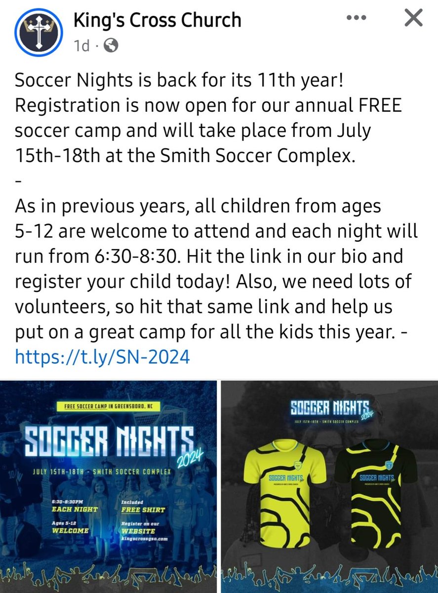 JGiersbrook's tweet photo. GSO Friends: Smith Soccer Complex - FREE soccer Camp for kids of all levels ages 5-12. All kids should have the chance to go to a sports camp in the summer if they want to regardless of finances. Love opportunities like this for kids!  https://t.co/hbbnaq1mYe https://t.co/8jbeSY0hHg