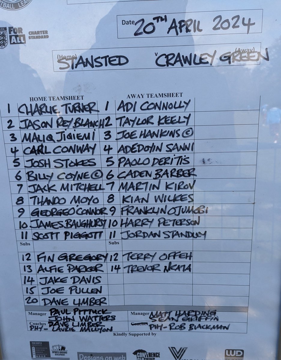 FCStansted's tweet photo. Today's teams @FCStansted v @CrawleyGreenFC https://t.co/Ub1sQ8qLeN