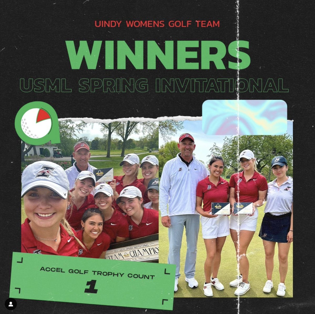 GolfAccel's tweet photo. Congratulations to the University of Indianapolis Golf Team on their team win! This kicks off the Accel Golf Trophy Count. If you use Accel Golf and would like to be featured, tag us in your trophy pic or dm us! #agtrophycount @UIndyWGolf https://t.co/AbgdYUuoia