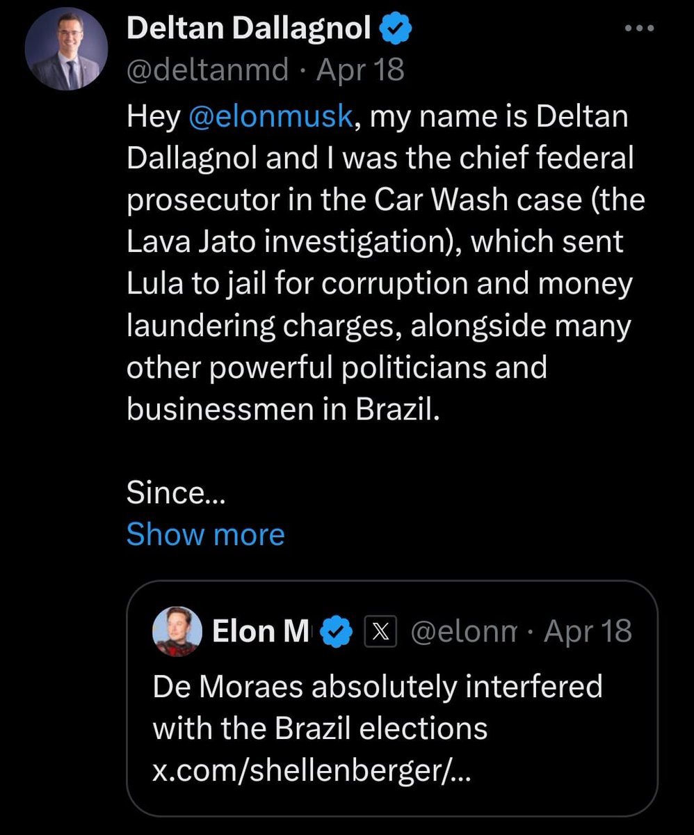 With Musk running a 'keep Jair Bolsonaro out of jail' campaign, the grifters are popping up everywhere. Disgraced ex-Lava Jato taskforce chief, Delton Dallagnol - booted from Congress for skimming > R$1 million in travel expenses, is begging Elon for help with his legal woes+