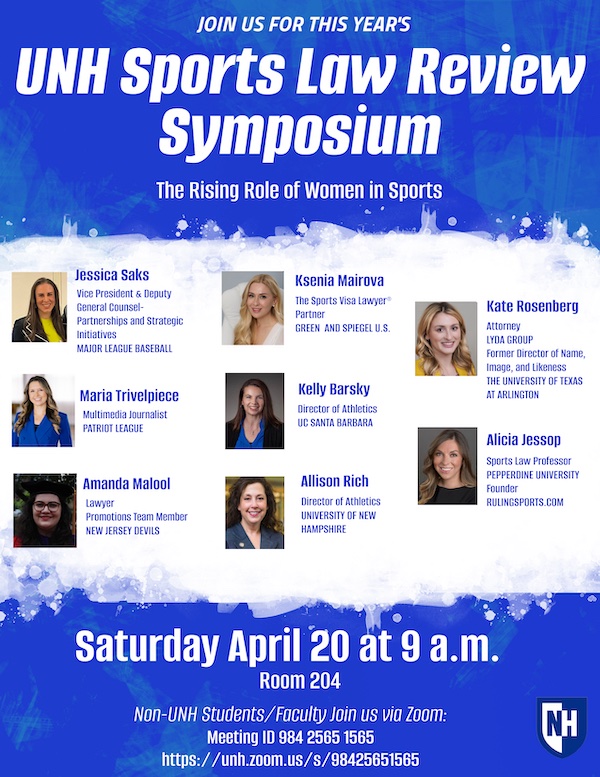 Going on right now, the @UNHLaw Sports Law Review's symposium on 'The Rising Role of Women in Sports.' The students have assembled a terrific group of speakers who have excelled in the practice of sports law and have much to share. Please join us by zoom: unh.zoom.us/s/98425651565.