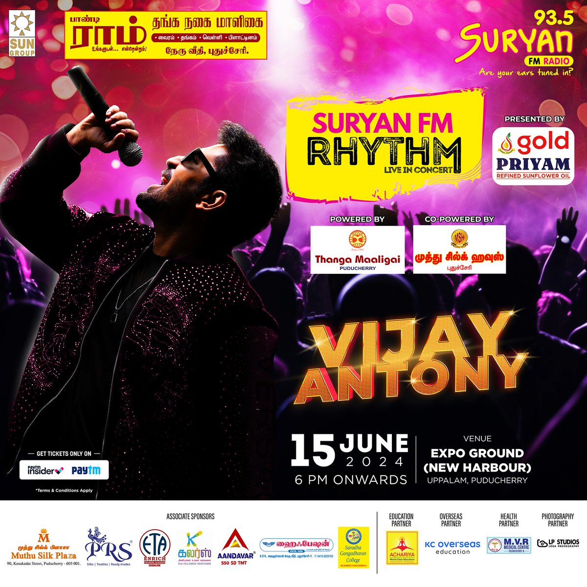 It's time to book your tickets for SURYAN FM RHYTHM LIVE IN CONCERT WITH VIJAY ANTONY 🔥😍 

Pondy Makkaley June 15th is Vijay Antony's day ❤️

LINK : insider.in/suryan-fm-rhyt…
 
.
 
#suryanfm #vijayantonysongs #vijayantonyconcert❤‍🔥 #suryanfmrhythm #rhythmliveinconcert