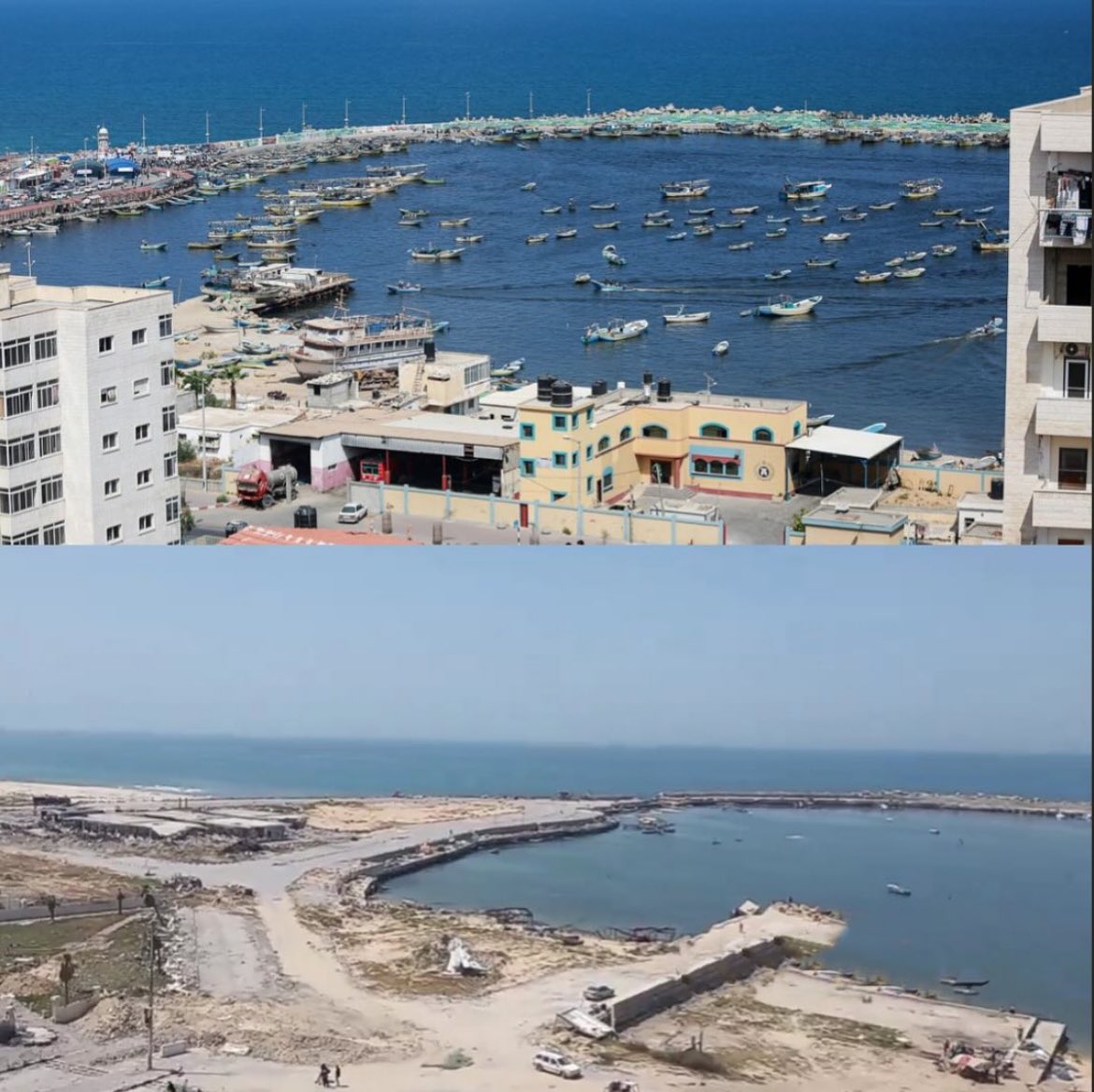 The port of #Gaza before and after the passage of the “largest-democracy-in-the-region” #Israel is a #genocidal colonial state.