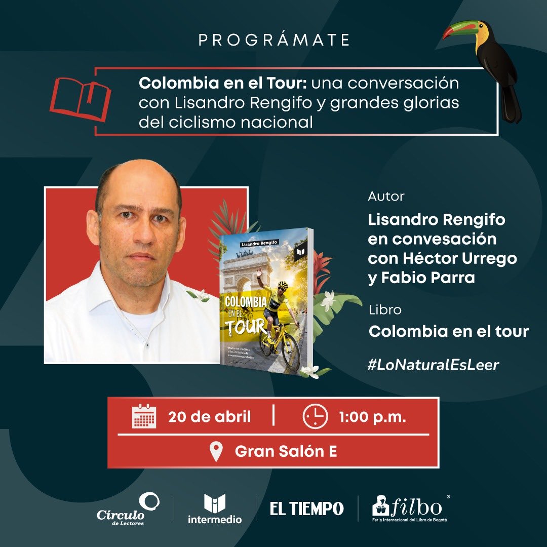 Se llegó el día. Hoy sábado 20 de abril a la 1 pm hago el lanzamiento de Colombia en el Tour. Salón E de Corferias en la Feria del Libro, con Héctor Urrego, Martín Ramírez y Fabio Parra. Los esperamos. ⁦<a href="/ELTIEMPO/">EL TIEMPO</a>⁩ ⁦<a href="/FILBogota/">FeriadelLibroBogotá</a>⁩ ⁦<a href="/IntermedioCol/">Editorial Intermedio</a>⁩