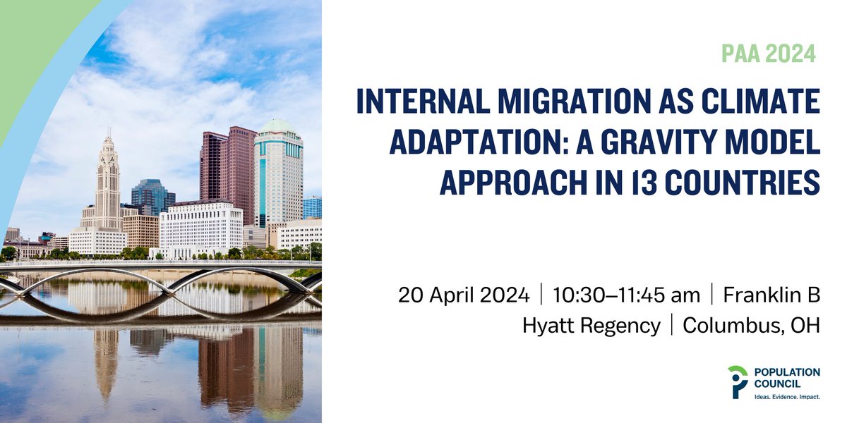 In 1 hour at #PAA2024, come hear the Council's Rene Nevarez present 'Internal Migration as #Climate Adaptation: A gravity model approach in 13 countries.' 📆 20 April, Saturday 🕥 10:30 am 📍 Franklin B