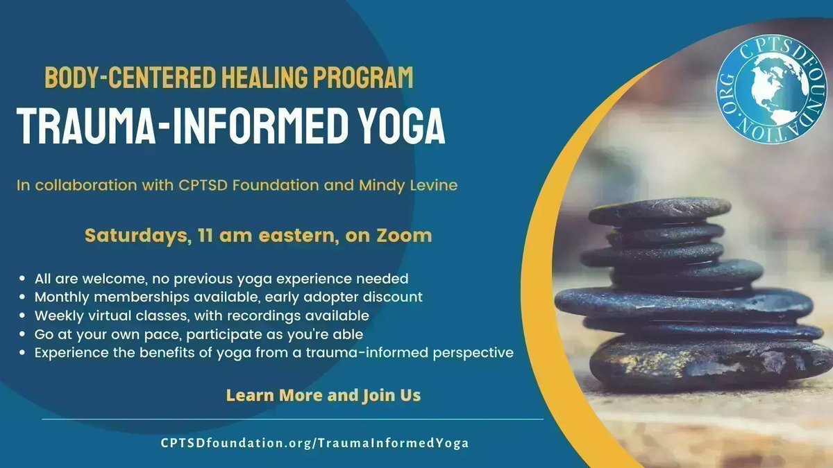 Weekly virtual classes on Zoom! Join us on Saturdays at 11am Eastern for Trauma-Informed Yoga. No experience necessary, go at your own pace in a safe encouraging, and supportive atmosphere. buff.ly/37PLoQD #yoga #mentalhealth #wellness #cptsd #recovery