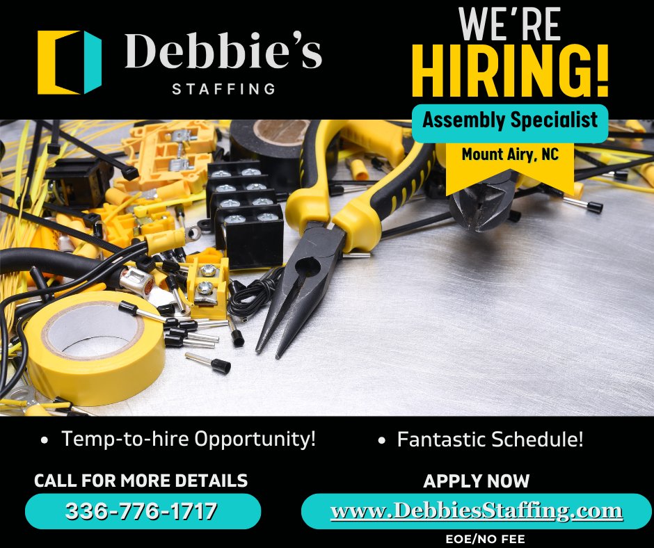 Debbie's is hiring for an Assembly Specialist in #MountAiryNC! Enjoy a wonderful 1st Shift schedule in this Temp-to-Hire role, complete with weekly pay and Direct Deposit. Apply today at ow.ly/Bq5g50RjYMo or call 336-776-1717 for more details!

#TeamDebbies #NowHiring #WSI