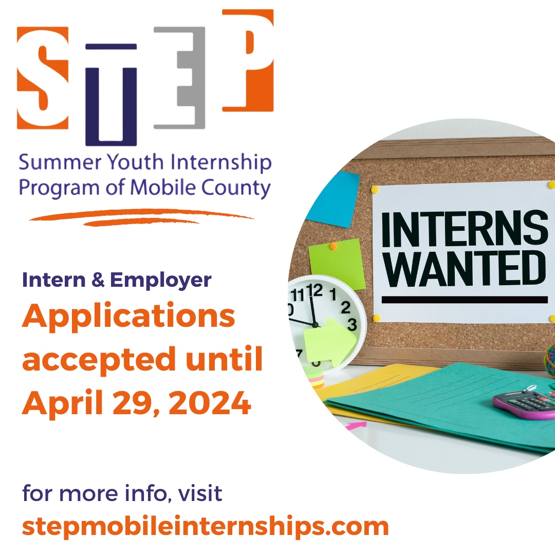 Interns or Employers: Apply before April 29 for Mobile County's Summer Youth Internship Program.  Go to stepmobileinternships.com for more info #MoCo #Youth #SummerEmployment