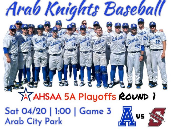 Round 1 Playoff Series tied 1-1… Game 3 TODAY at 1:00 at Arab City Park to determine who advances to Round 2