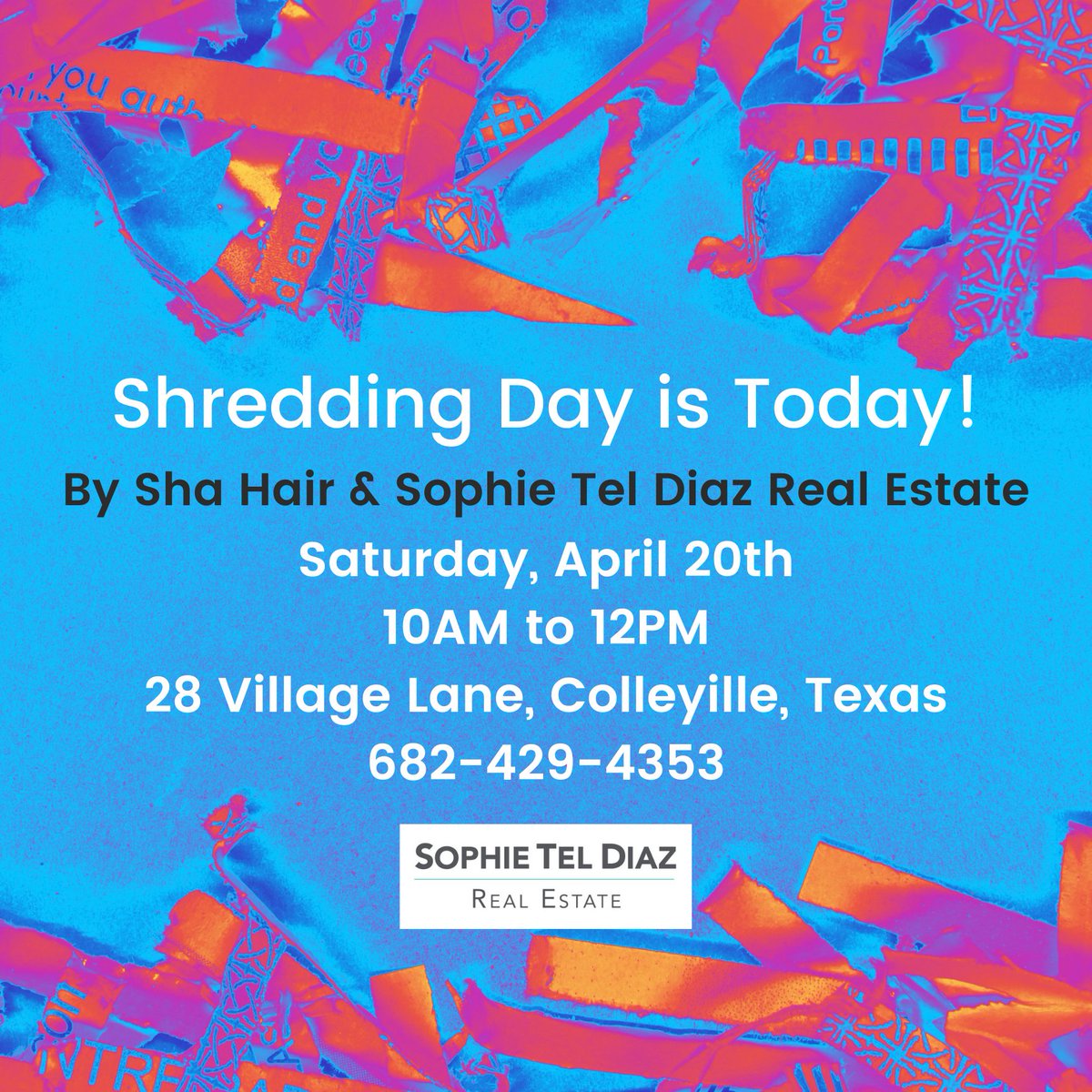 RAIN OR SHINE SHREDDING DAY IS HAPPENING TODAY! ☔️
📅Saturday, April 20 from 10am to 12pm
📍28 Village Lane, Colleyville
Call or Text me 682-429-4353  #shreddingday #free #dfwrealtors #dfwrealtor #sophieteldiazrealestate #shahairrealtor #shasellsrealestate #colleyvilletx