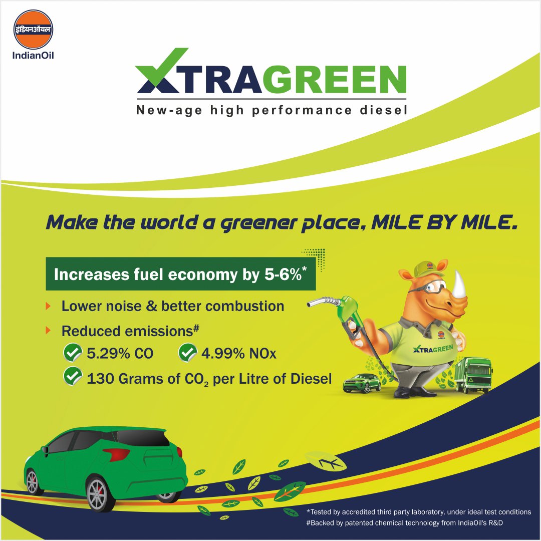 At #IndianOil, our drive to improve never stops. As a result, we are now proud to present our all-new high-performance diesel brand, XTRAGREEN. Intelligently engineered, it improves fuel economy, reduces noise & carbon emissions as compared to conventional fuel. ​
#IndianOilRhino