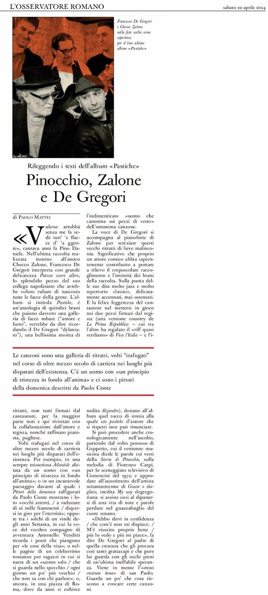 GUARDA CHE BEL PASTICHE
L'album di De Gregori e Checco Zalone
dall'Osservatore Romano di oggi