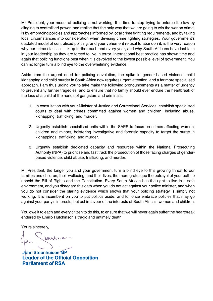 In the wake of the tragic shooting of three-year-old Emilio Hutchinson, I wrote to President Ramaphosa today urging him to abandon his outdated and ineffective policing model, and take three bold new steps to address these heinous criminal acts.