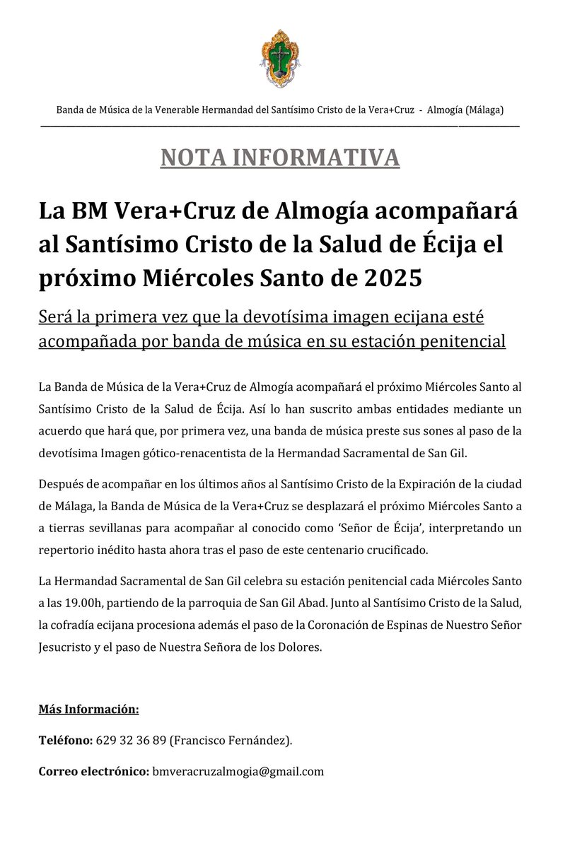 📢 @BM_veracruz acompañará al Cristo de la Salud de @HERMANDADSANGIL, en la localidad sevillana de Écija, el próximo Miércoles Santo. #CofradíasMLG