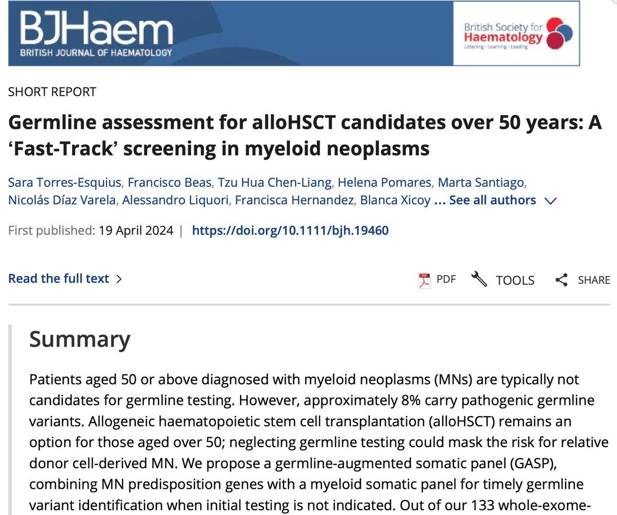 Until universal germline testing becomes available, Torres-Esquiu has a Q&A: should we enrich the routine myeloid NGS panel with some predisposition genes for patients without germline test indication?. Thanks to @gesmd centres onlinelibrary.wiley.com/doi/10.1111/bj…