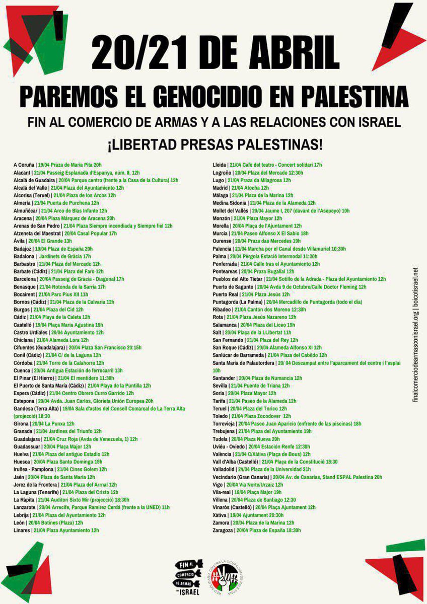 IzquierdaUnida's tweet photo. Paremos el genocidio en Palestina. Fin al comercio de armas y a las relaciones con Israel.

Todas las convocatorias de este fin de semana contra el genocidio en Gaza.

#StopGenocide #FreePalestine🇵🇸 https://t.co/zDF8Tm7Tbp