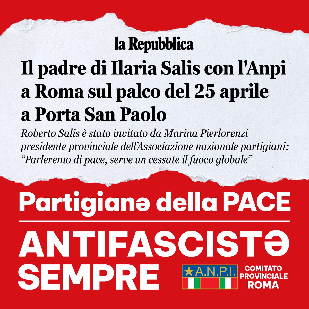 Il comunicato della nostra Presidente per il 25 aprile, con noi ci sarà anche il padre di Ilaria Salis. anpiroma.org/2024/04/verso-… #25aprile #festadellaliberazione #Resistenza #liberazione #ilariasalis #antifascismo