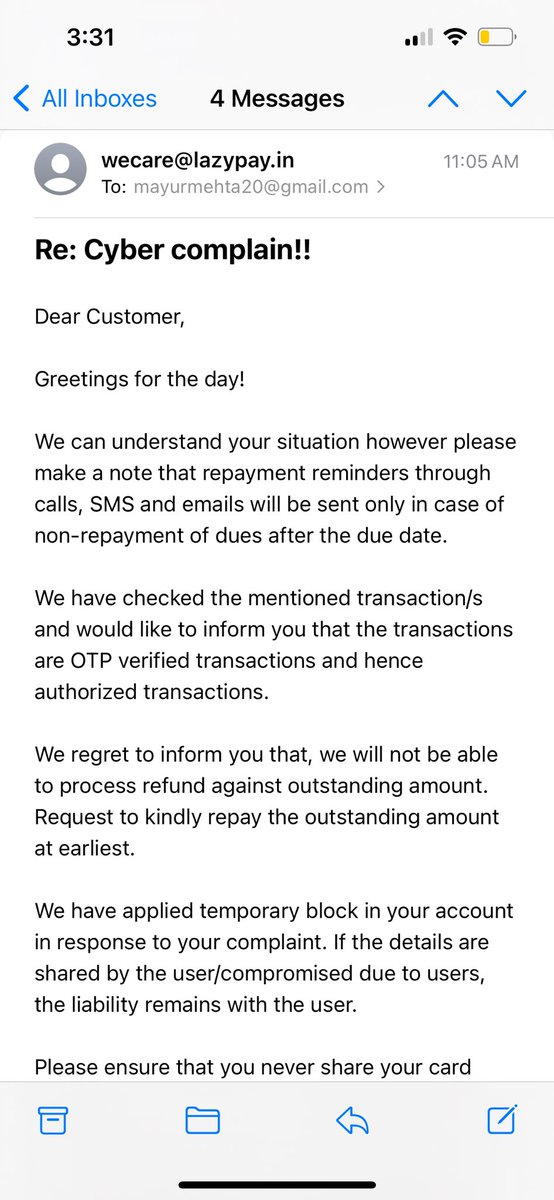 @AnirbanPayU @Lazy_Pay @Lazypay_ i keep getting messages to make a payment for transaction i didnt do.. please help me resolve this. I have registered a cyber complain too.