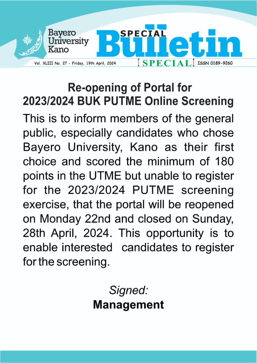 BUK reopens portal for PUTME Online Screening #BUK #Screening #portal2