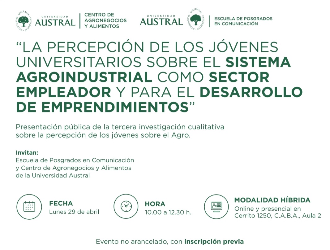 Catalina Castro Almeyra (Coordinadora de la Plataforma de Comunicación y Agro de la <a href="/UnivAustral/">Universidad Austral</a>) nos adelanta la presentación que realizarán el 29/4 sobre la tercera investigación de percepción de los jóvenes sobre el agro.
Estamos en vivo x AM 1190 o en la App