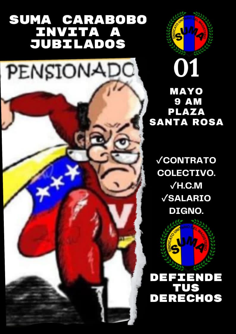 - Salario digno.
- Cestaticket para jubilados.
- Firma del tercer Contrato Colectivo, indexado al dólar.
- Activación del seguro HCM.
- Restitución de las primas suprimidas por la Onapre.
- Cumplimiento de los artículos 89 y 91 de la CRBV
📸 Créditos: Suma Carabobo