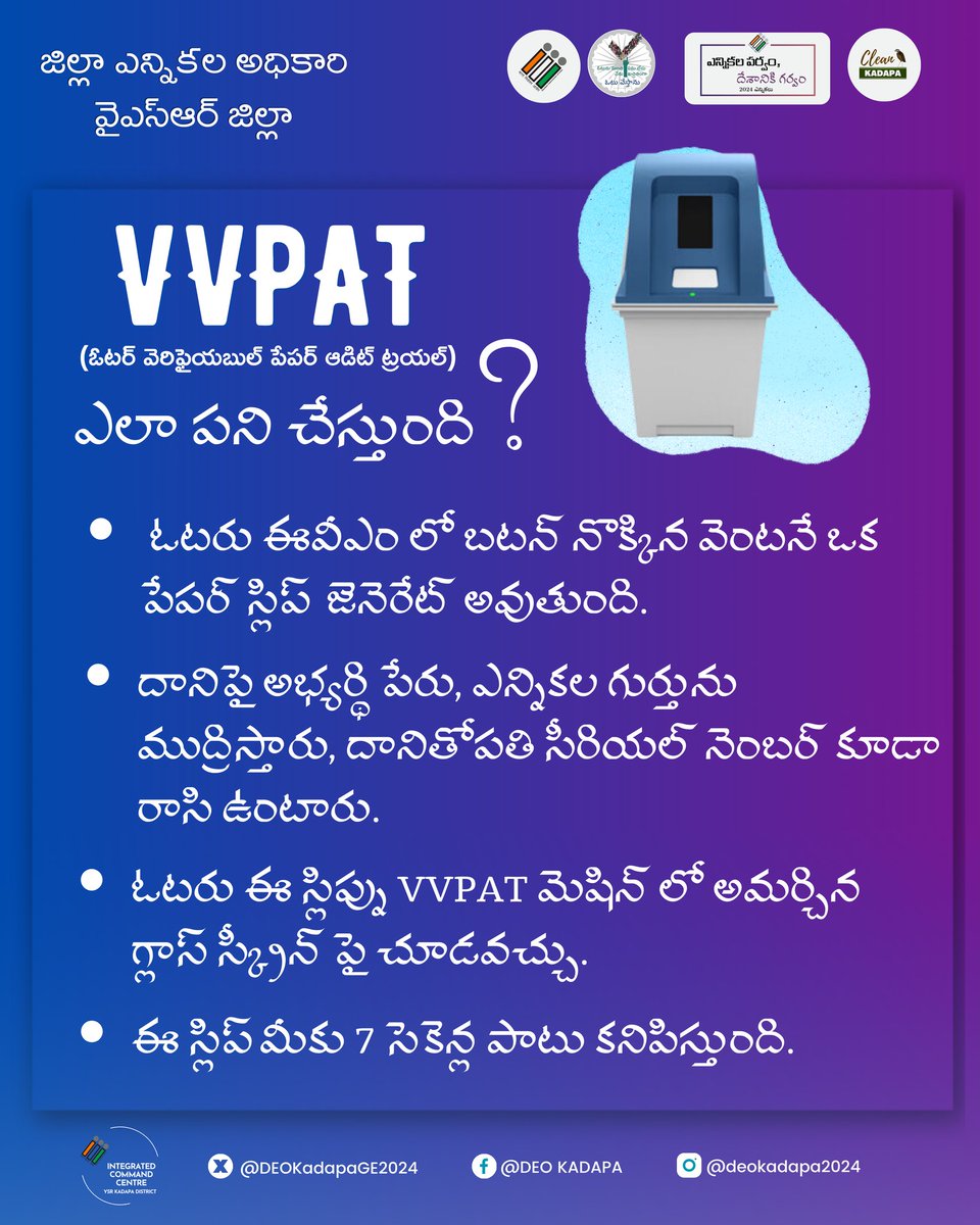 VVPAT, with this, every vote cast on an electronic voting machine is backed up by a paper trail, allowing voters to verify their choices and ensuring the accuracy of the electronic count. 

@CEOAndhra
@ECISVEEP
#CollectorKadapa #GeneralElection2024
#VVPAT